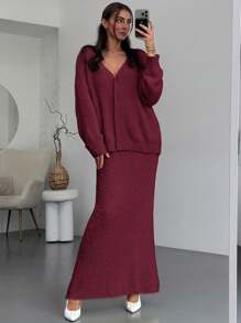 Aloruh 1 件套女士秋冬落肩长袖开衫 + 长款 A 字裙毛衣