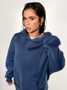 Athîral Women Casual Blue Minimalist Contrast Stripes Side Raglan Sleeve Kangaroo Pocket Hoodie, Spring And Autumn - Blue - View 4