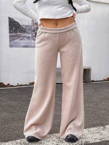 INAWLY Plus Size Women's Solid Color Fold-Over Waist Straight Loose Casual Pants Fall Cloth For Women - Khaki - View 3