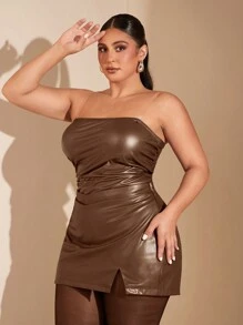 SHEIN BAE Plus Size Women's Autumn/Winter Fashion Ruched Elastic Solid Color Angola Red PU Leather Cami Tank Top - Brown - View 9