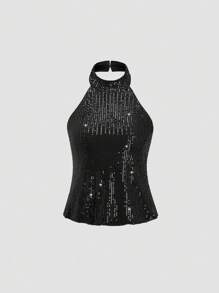 Flirla Women's Fashion Backless Sequin Halter Neck Blouse For Party