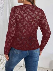 SHEIN Clasi Plus Size Women Kontrast Koronka Dekolt w Serek Długi Rękaw Dopasowany Elegancki Top