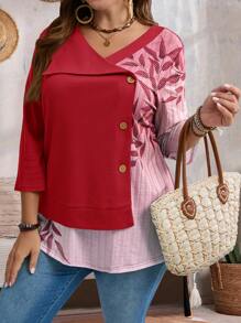 EMERY ROSE Plus Size Women's Print Solid Color Long Sleeve Fall T-Shirt - Red - View 3