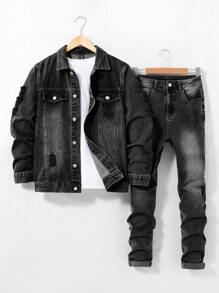 SHEIN Teen Boy Fashion Casual Black Denim Baggy Jacket And Stretch Denim Skinny Jeans For Dailywear And Boys Outfits - Black - View 1