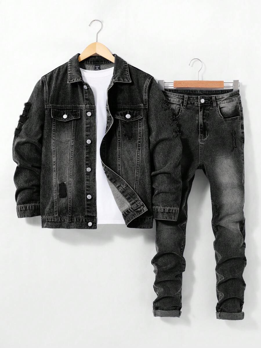 SHEIN Teen Boy Fashion Casual Black Denim Baggy Jacket And Stretch Denim Skinny Jeans For Dailywear And Boys Outfits - Black - View 1