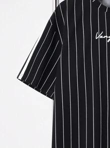 SHEIN Leap Crew 2pcs Set Teen Boy'sCasual Splicing Colour Collision Ribbons Black And White Vertical Stripes With Handwritten Letters In English Printed Round Neck Short Sleeve T-Shirt Trousers Two-Piece Set;Spring Wear; Teen Boys' Clothing; Teen Boy' Jackets, Spring Back To School - Black - View 3