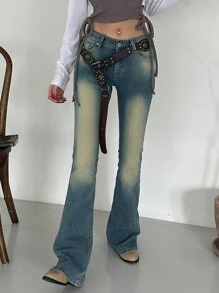 DAZY 女士水洗做旧修身喇叭牛仔裤，全年供应低腰牛仔裤 - 藍色 - 查看 3