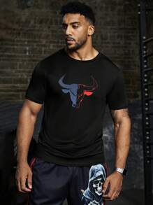 Manfinity Sport PWRUP T-shirt casual de sport à manches courtes avec imprimé de taureau pour homme - Noir - Voir 3