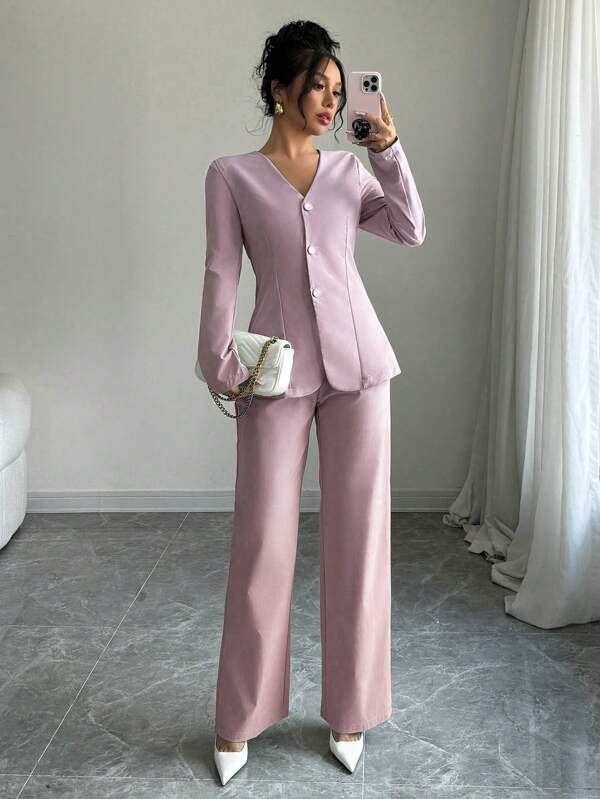 Elenzga Women Single-Breasted Long Sleeve Jacket And Pants Fashion Casual Suit Set