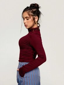 Athîral Áo thun nữ cổ lọ dài tay ôm vừa vặn, mùa thu - Màu Đỏ Sâu - Xem 3