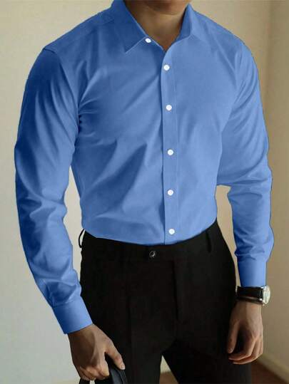 Manfinity Homme Plusstorlek Herr Casual Enfärgad Långärmad Enkelknäppt Pendlareskjorta, Höst