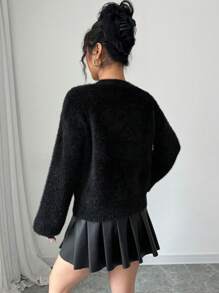 Elenzga Loose Fit Crew Neck Bow Pattern Knit Sweater, Casual Solid Color Pullover, Autumn/Winter Knit Pullover Fall