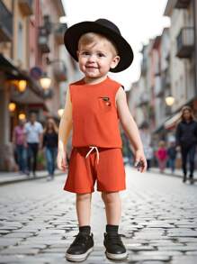 SHEIN 2pcs/Set Young Boy Cute Minimalist School Style Casual Sports Top And Shorts Set, Summer Summer Holiday - Burnt Orange - View 7