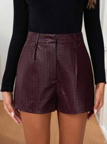 SHEIN Clasi Pantalones cortos de mujer de piel sintética texturizada de color burdeos