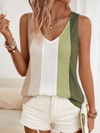 SHEIN LUNE 女士撞色拼布休闲无袖背心，时尚日常穿着