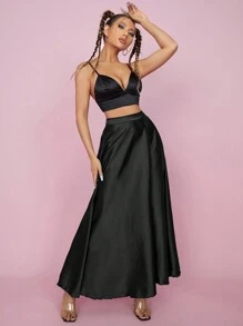 SHEIN PETITE High Waist Solid Flared Party Women Skirt