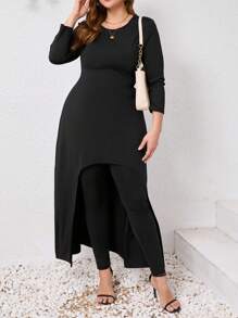 大码女式纯色圆领长袖不对称下摆上衣和裤子休闲两件套