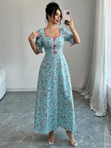 Modelyn 女式花卉印花纽扣饰边优雅短袖长裙 - 藍色 - 查看 4