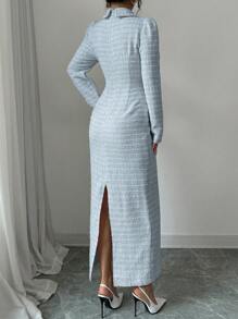 Modelyn 女士优雅纹理粉色粗花呢仿珍珠纽扣长袖连衣裙，秋冬季长款晚礼服