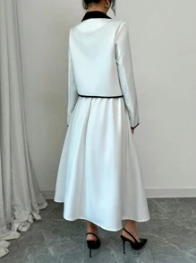 Elenzga Conjunto de chaqueta de manga larga de solapa de bloqueo de color con una hilera de botones y falda midi elegante y de moda para mujeres - Blanco - Ver 2
