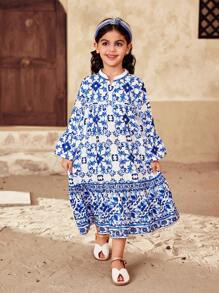 SHEIN Robe d'été décontractée assortie mère-fille, imprimé de porcelaine bleu et blanc, adaptée pour le port pendant le Ramadan, le printemps et l'été, parfaite pour les vacances - Bleu et Blanc - Voir 6