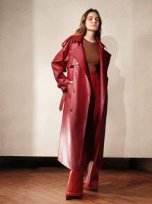 Anewsta 女士安哥拉红优雅风衣，双排扣领设计，长款时尚防风外套，秋/春季款 - 紅色 - 查看 5