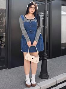 SHEIN EZwear Plus Size Women Dual Pocket Drawstring Casual Denim Dungaree Dress - Medium Wash - View 5