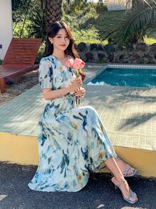 DAZY Women's Elegant Tie Dye Puffy Sleeve Mid-Length Dress Floral Summer
