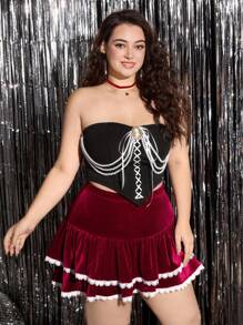 SHEIN MOD Plus Size Vintage Velvet Ruched Decorative Cute Cake Pleated Skirt, Valentine's Day Gift - Burgundy - View 5