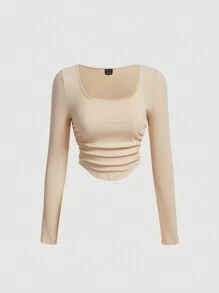 SHEIN MOD Chất rắn Scoop Cổ Đồ đan Ribbed Áo thun - Màu be - Xem 1