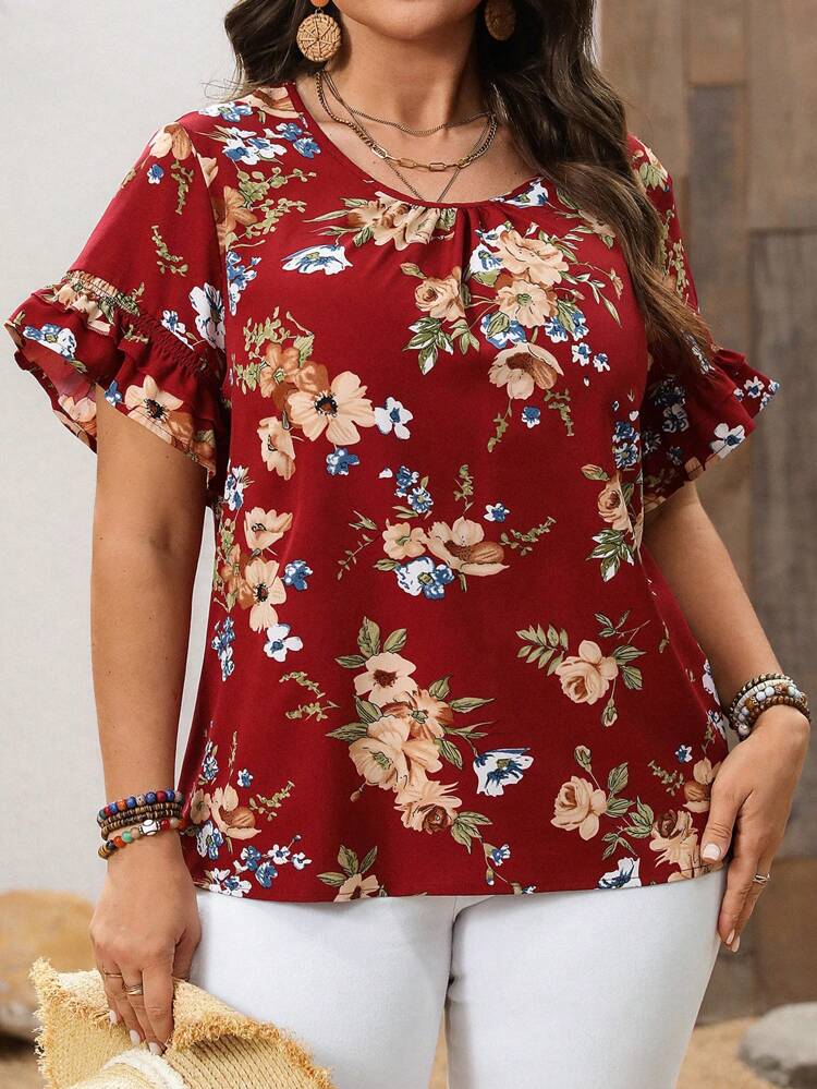 Plus Size Women's Early Spring Frill Trim Short Sleeve Floral Print Blouse For Summer