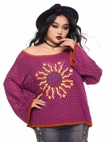 ROMWE Hippie Whimsgoth Retro Sun Embroidery Pullover Sweater - Multicolor - View 4