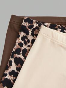 Slaydiva Set de 3 leggings casuales y simples de talla grande para mujer con estampado sólido y de leopardo, adecuados para el verano