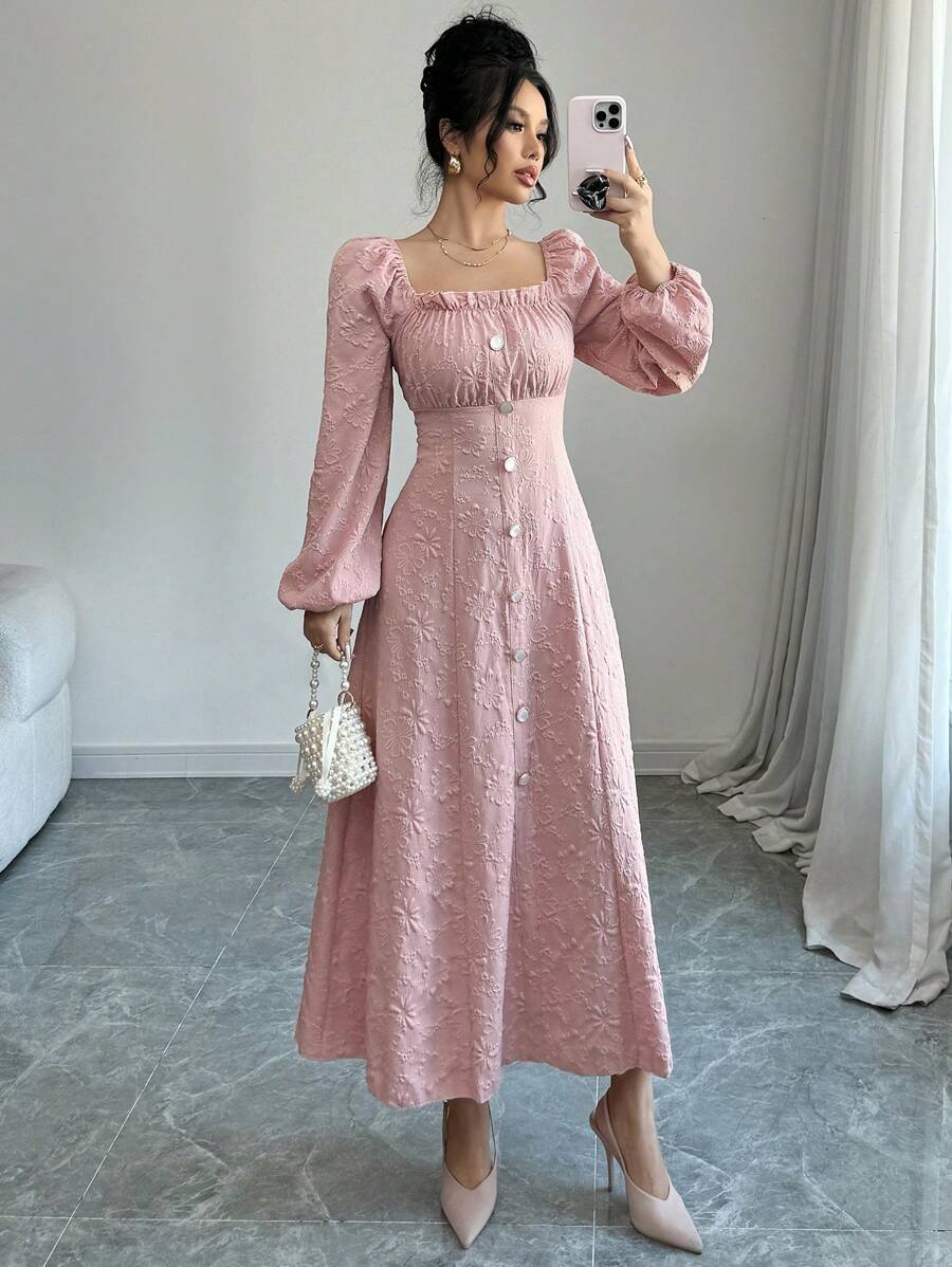 Modelyn 女士方领荷叶边灯笼袖纽扣装饰优雅长裙 - 粉色 - 查看 1