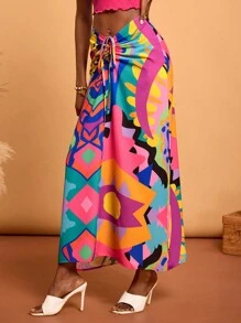 Abeille Creations Designer Boho Bohemian Summer Colorful Abstract Print Chiffon Drawstring Long Skirt, Going Out, Vacation, Beach, Festival, Ibiza Fits - Multicolor - View 6