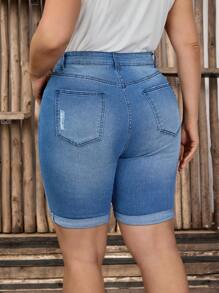 SHEIN LUNE 大码经典牛仔短裤，休闲时尚，适合日常穿着 - 中等水洗藍 - 查看 4