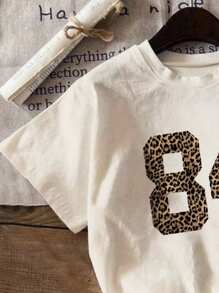 Teen Girl Casual Leopard Print Digit Pattern Short Sleeve T-Shirt