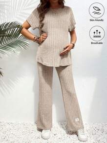 SHEIN 2pcs Maternity Short Sleeve Solid Color Top And Pants Set - Beige - View 1