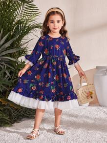 SHEIN 年轻女孩编织花卉圆领撞色网眼拼接紧身连衣裙 - 藍色 - 查看 3