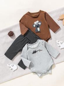 SHEIN Set de 3 piezas para recién nacidos: Enterizo de manga larga con estampado de koalas lindos y pantalones a rayas, conjunto casual - Multicolor - Ver 1