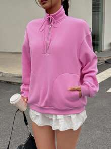 INAWLY Women Solid Color Drop Shoulder Long Sleeve Kangaroo Pocket Half-Placket Casual Sweatshirt, For Spring/Autumn/Winter - Pink - View 3