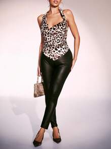 Zolique 女士天鹅绒豹纹露背休闲上衣，性感日常装扮节日派对服装新年俱乐部节日派对狂欢服装女士 - 彩色 - 查看 6
