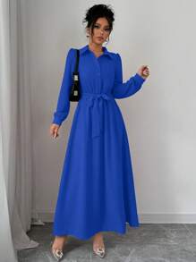 Elenzga Elegancka sukienka na imprezę świąteczną dla kobiet, modny styl dojeżdżania do pracy, długi rękaw, kołnierzyk, pasek w talii z kokardą, jednolity kolor, długość maxi - Królewski Niebieski - Zobacz 4