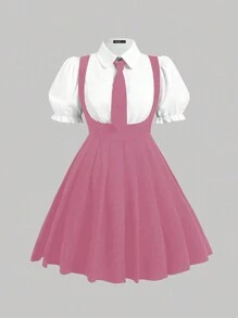 Flirla 夏季大码撞色泡泡袖二合一连衣裙