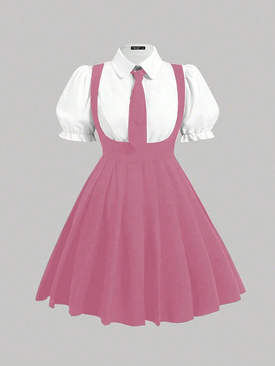 Flirla 夏季大码撞色泡泡袖二合一连衣裙