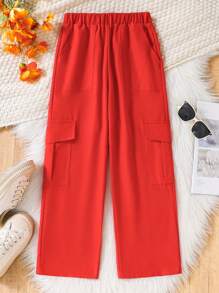 Pantalones anchos casuales y sueltos para niñas preadolescentes con cintura elástica y bolsillos de cargo de un solo color
