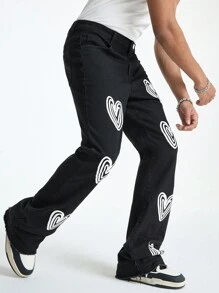 Manfinity EMRG Quần ống loe in hình trái tim denim đen cho nam, StreetEZ - màu đen - Xem 7