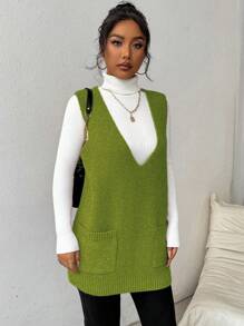 Chiquease Women's Solid Color Deep V-Neck Double Pocket Casual Knit Sweater Vest, Autumn/Winter - Green - View 5