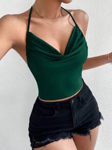 SHEIN Raffinéa Top halter con fruncido delantero de espalda abierta con cordón - Verde Oscuro - Ver 6