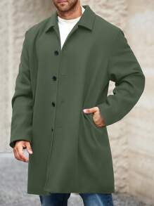 Manfinity Homme Men Plus Size Solid Color Casual Overcoat, Minimalist And Fashionable For Everyday Wear, Fall/Winter - Green - View 3